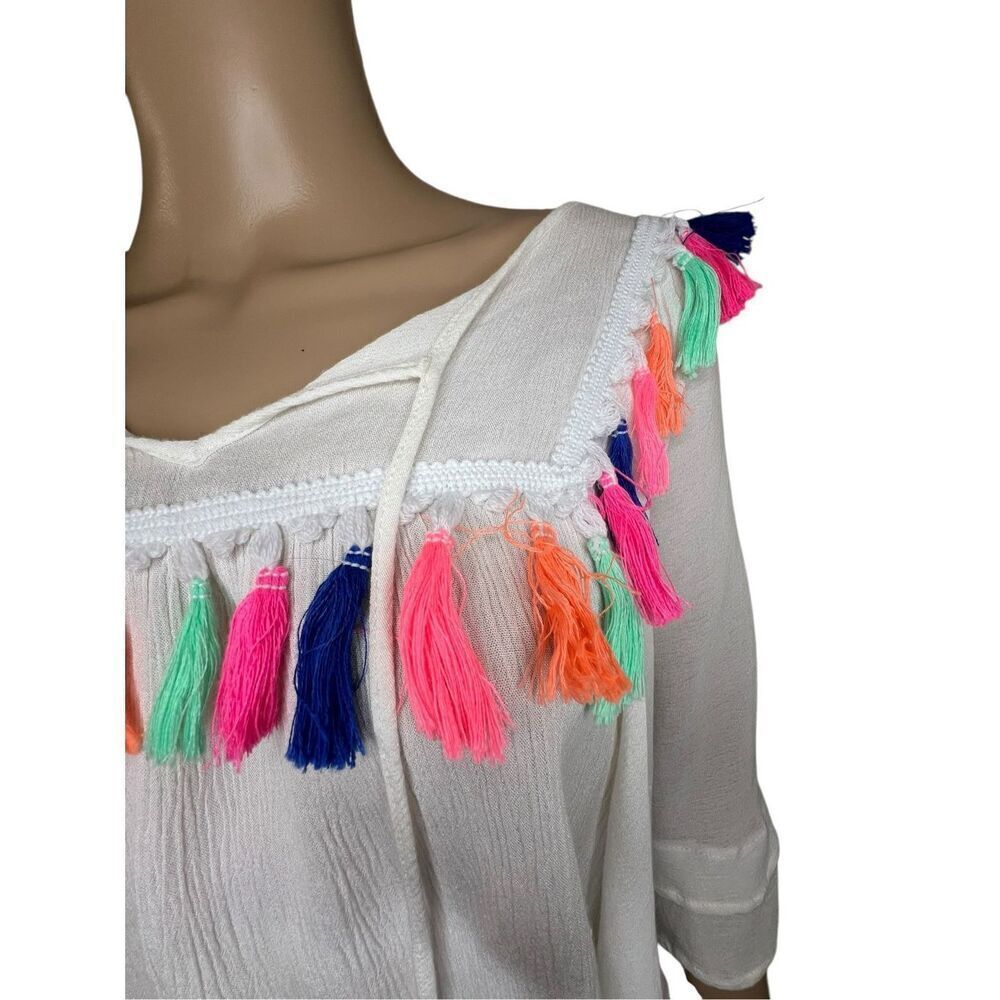 Blushing Heart Boho White Poncho Style Blouse With Colorful Tassels - Picture 2 of 5